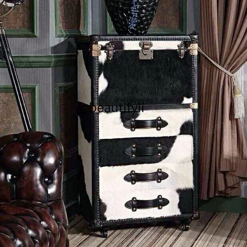 

Natural cow fur box American retro industrial style leather storage box living room sofa corner