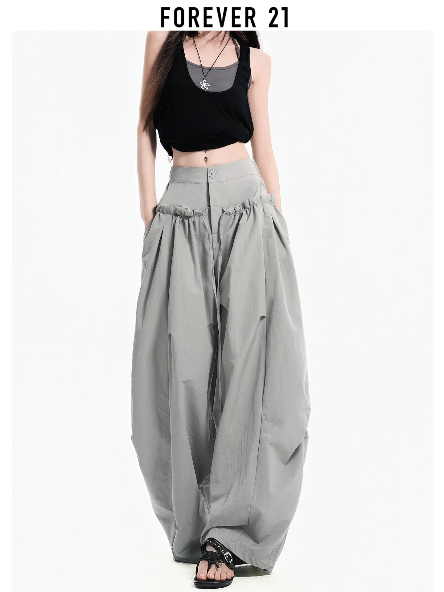 Women High Waist Draped Balloon Pants Floor‑length Wide Leg Casual Trousers Versatile Loose Straight Long Streetwear Pants