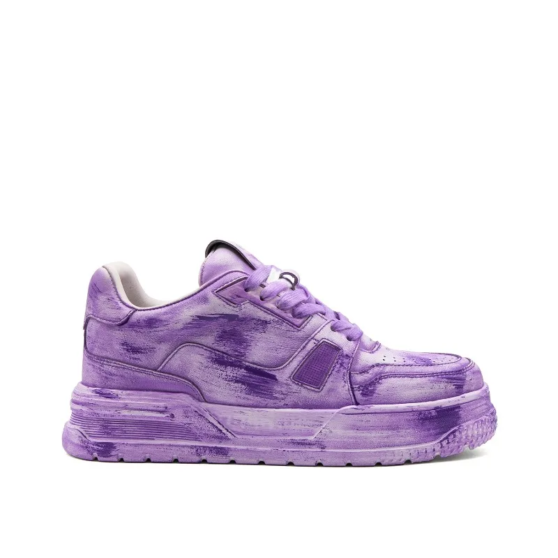 Men Casual Walking Shoes Trendy Purple Graffiti Genuine Leather Platform Sneakers Thick Sole Hip‑Hop Street‑Style Skate Shoes