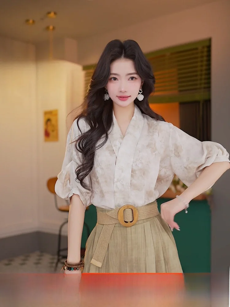 

Новый летний топ 2025 года с эффектом краш-дайинга, свободный повседневный крой, V-образный вырез, тонкий, однотонный, для женщин