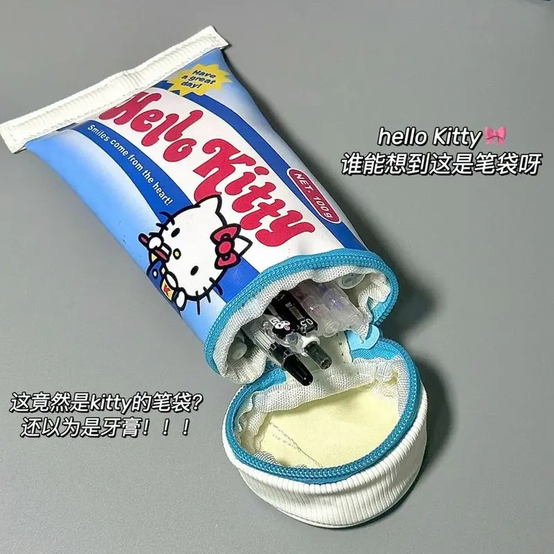 Estojo de lápis em formato de pasta de dente Hello Kitty, grande capacidade, criativo, fofo, bolsa para canetas, organizador de armazenamento de mesa para estudantes e meninas