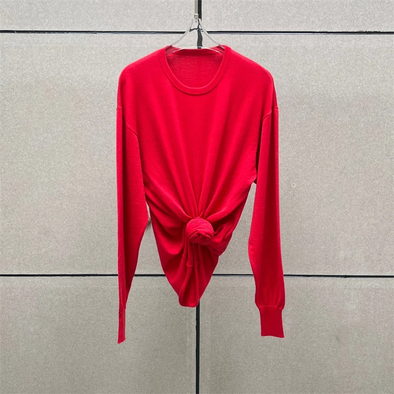 Spring 2026 Women's round Neck Wool Blend Knitted T-shirt Long Sleeve Twist Flower Design High Quality Fashion Casual Top