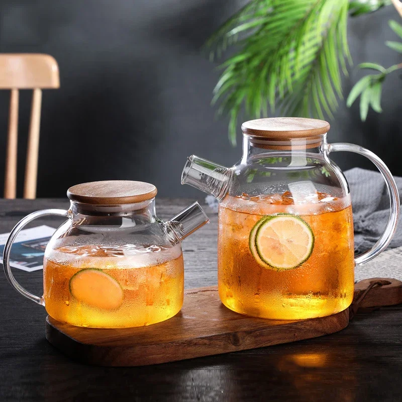 1000ml/1800ml Large Capacity Transparent Glass Teapot Heat-resistant Filter Flower  with Bamboo Cover  Handle Juice