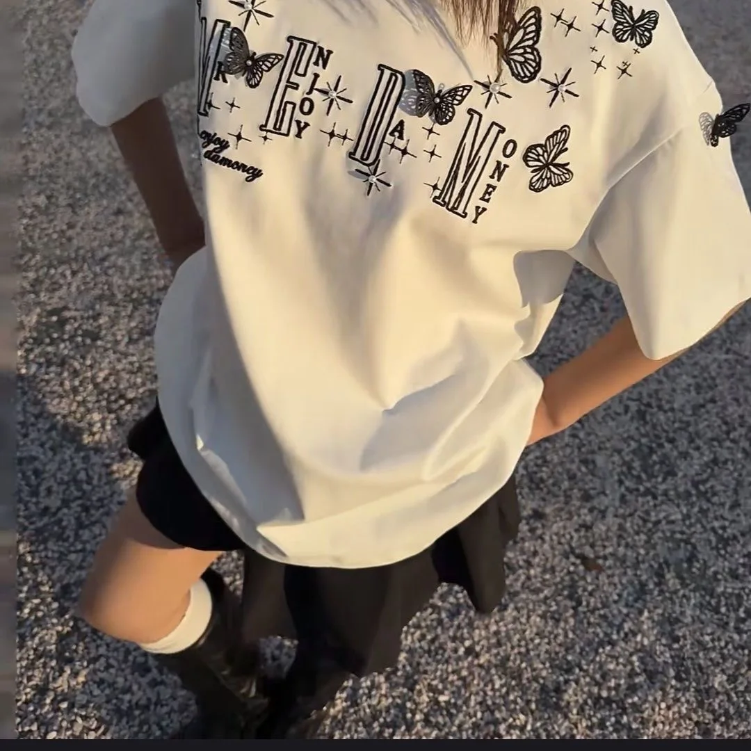 American Style  Ringed Letter Short Sleeve T-Shirt Men's Summer New Design High Street Retro Couple Top Cotton Pure