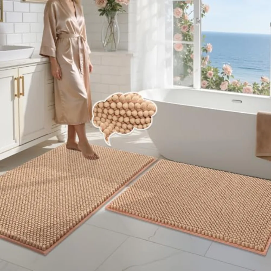 

Bathroom Rugs Set 2 Piece-Chenille Bath Mats Non Slip-Thick Soft Absorbent Bath Rug-Shower Floor Mat Machine Washable-Bathroom