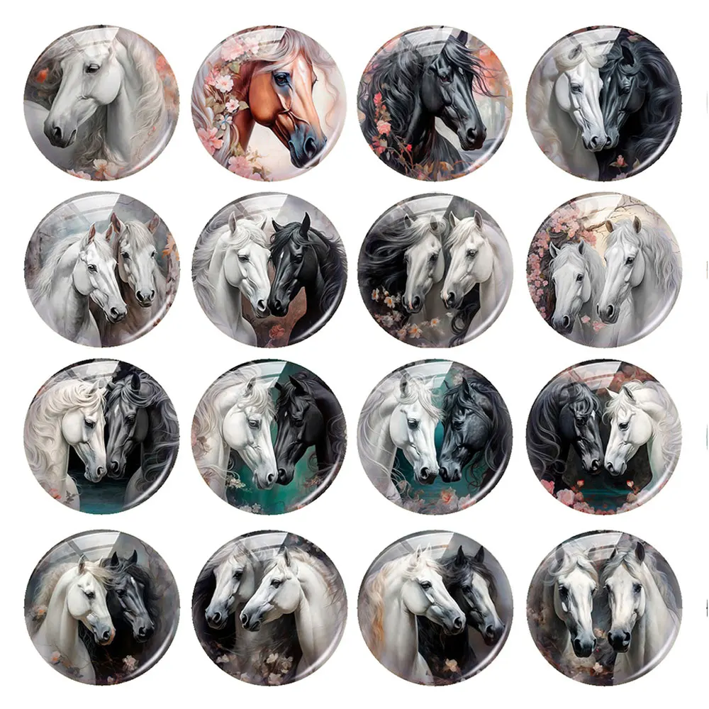 

Handmade Couple Horse Animals Flower Round Photo Glass Cabochon Flatback Demo Flat Back Cameo For Diy Jewelry Making