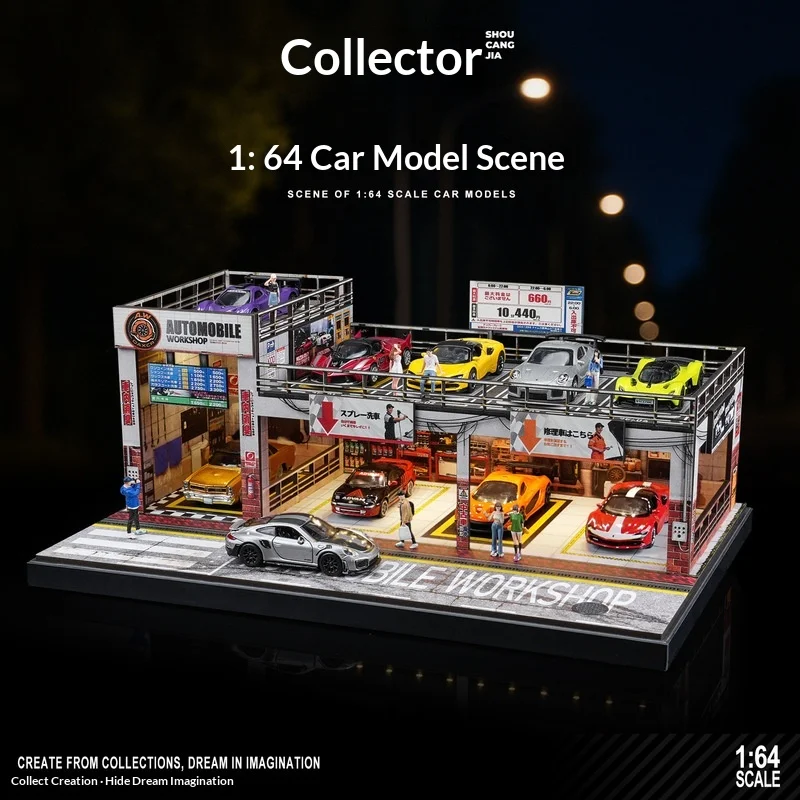 shoucangjia-1-64-scale-alloy-car-model-garage-display-stand-with-led-light-double-deck-storage-scene-decor-for-collectors