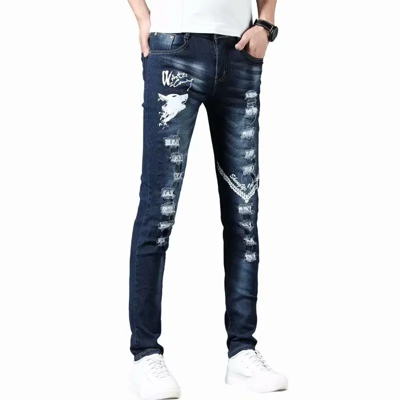 กางเกงยีนส์ยืดใหม่ สไตล์ Y2K ยุค 2000 ปักลายสไตล์เกาหลี ขาดๆ พิมพ์ลาย แฟชั่น กางเกงขายาวทรงสลิมฟิตสำหรับผู้ชาย ไซส์เล็ก สไตล์ลำลอง