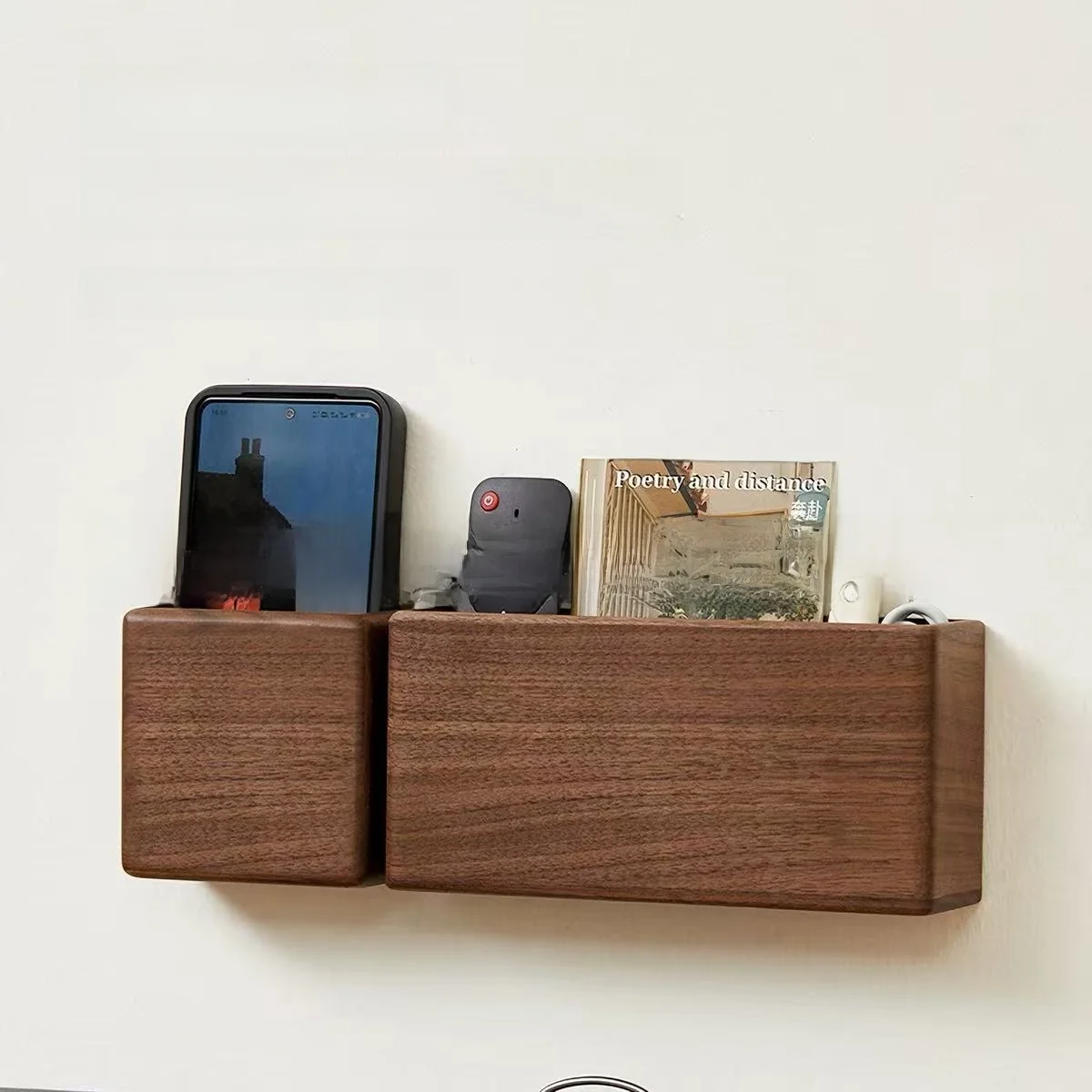 Wooden Remote Control And Mobile Phone Storage Rack Wall Mounted No Drilling Required Home Use Organizing Box for Living Room