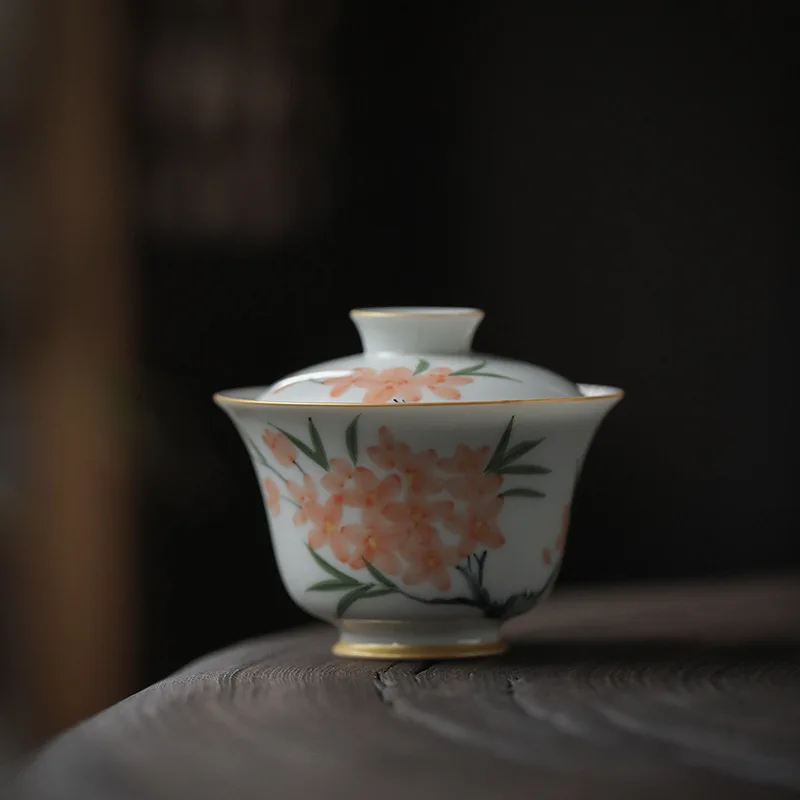 Hand-painted Peach Blossom Two Cover Bowl Household Ceramic Single Ladies Anti-ironing Tea Bowl Small National Tide Wind