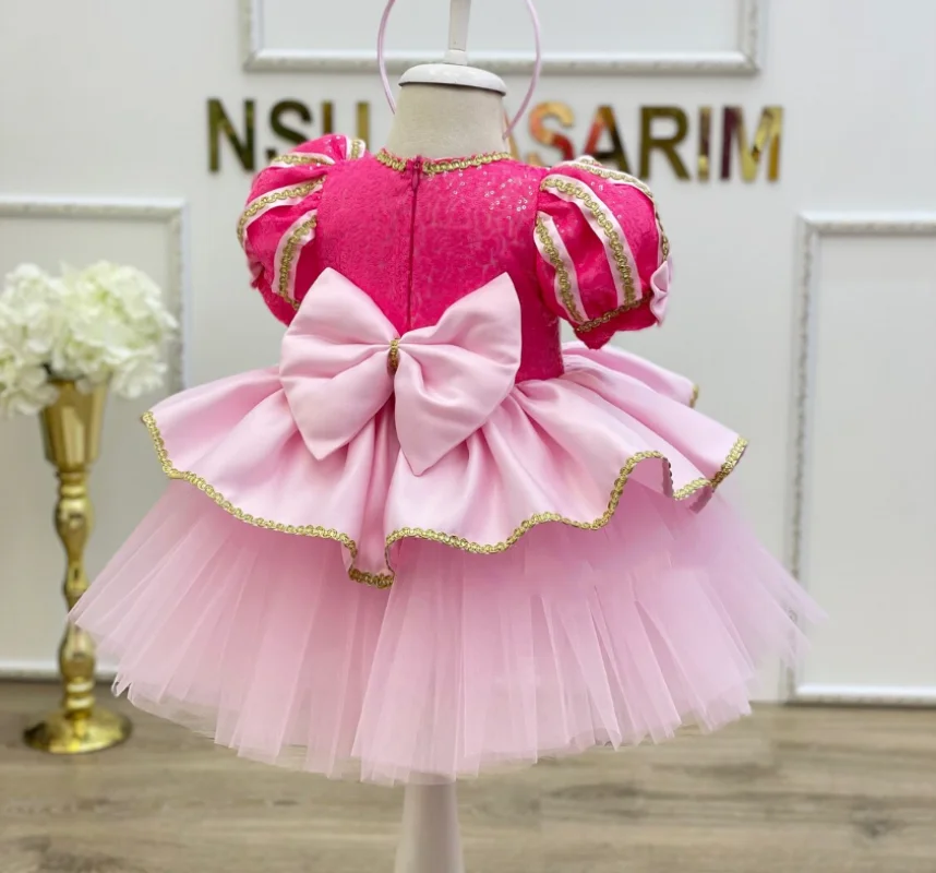 Vestido de fiesta de año nuevo para niña, tutú de tul Rosa esponjoso con lazo, vestidos de Navidad para niño, primer cumpleaños infantil, vestido de baile de princesa