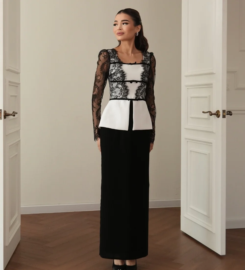 

Customized Modest Fashion Jersey Lace Straight Square Neck Long Dresses Evening Dresses Exquisite For Birthday Party