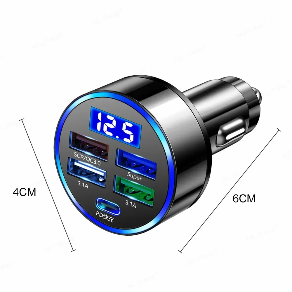 5 Ports LED Car Charger 250W Fast Charging Adapter Type C PD Mini Car Phone Charger for Iphone Samsung Huawei Xiaomi