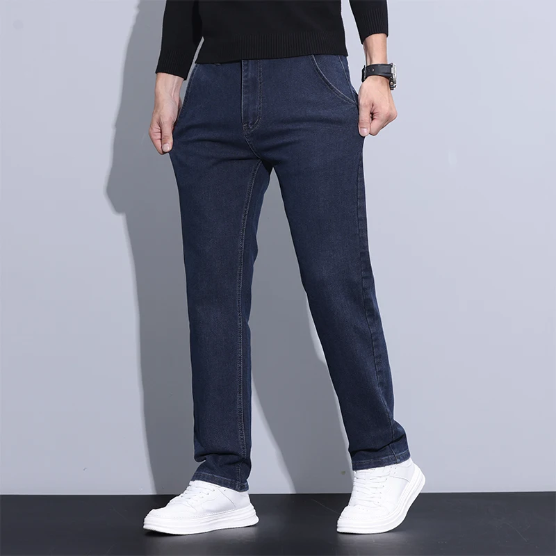 

Luxury Autumn Winter Cotton Blend Fabric Men's Jeans Business Straight Denim Pants Work Office Trousers Male Plus Size 40 Brand