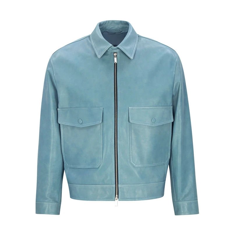 Napa sheepskin jacket for men sky blue lapel high-quality customized 2024 autumn new product cowhide leather coat men\'s