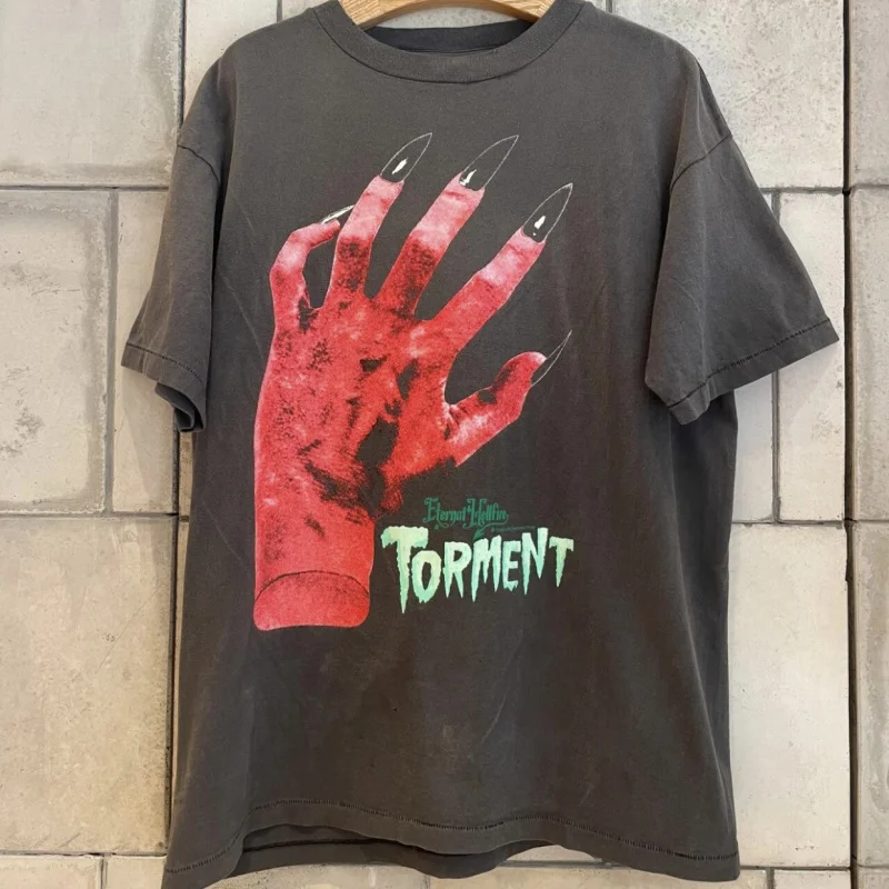 High Quality Washed Black Saint Tshirts Red Devil's Hand Retro Print Round Neck Short Sleeve Tops Men Women American Streetwear