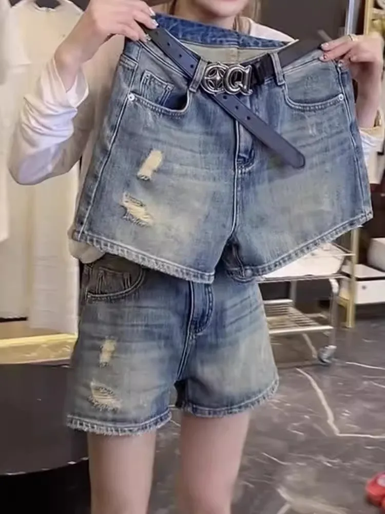 

High Waist Denim Shorts Women's Summer Slimming A-Line Straight Cut Sexy Hot Pants plus Size Hole Design Anti-Wrinkle