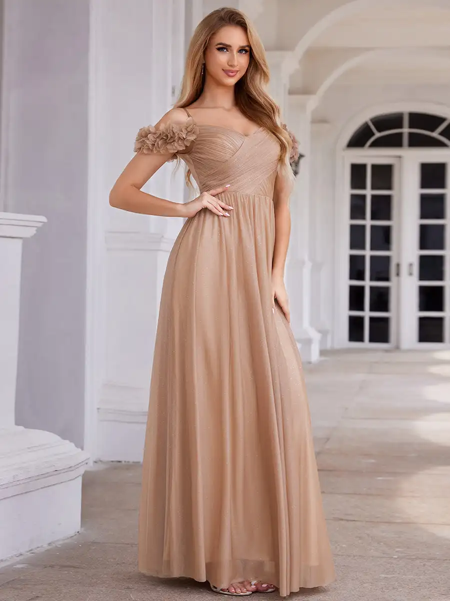 Elegant Evening Dresses Sparkling V-Neck Floral Cold-Shoulder Pleated 2024 Ever Pretty of Rose Gold Bridesmaid Dress