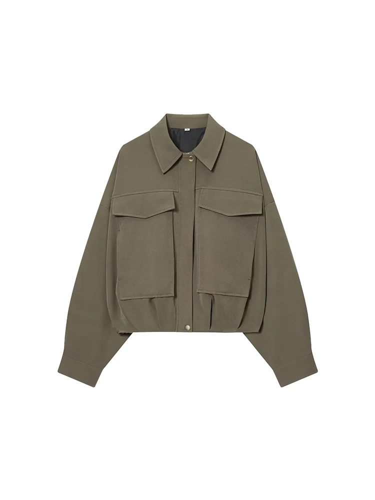 

European style new women's fashionable and versatile solid color lapel zippered pleated hem bomber jacket.