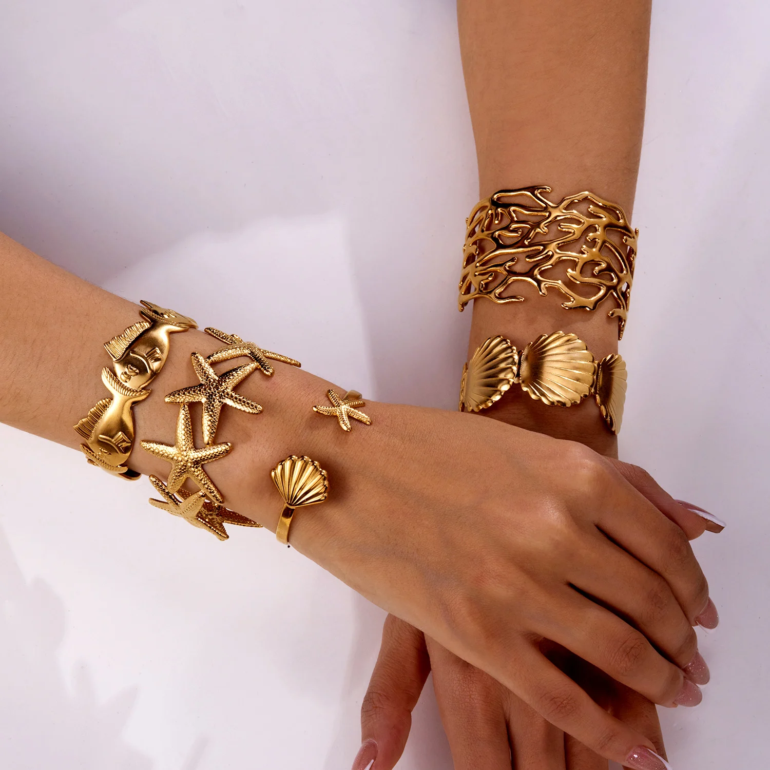 Punk Metall Edelstahl Armbänder Set Für Frauen Böhmen Herz Aushöhlen Offene Einstellbare Manschette Armreif Gold Farbe Schmuck Geschenke – Detail 13