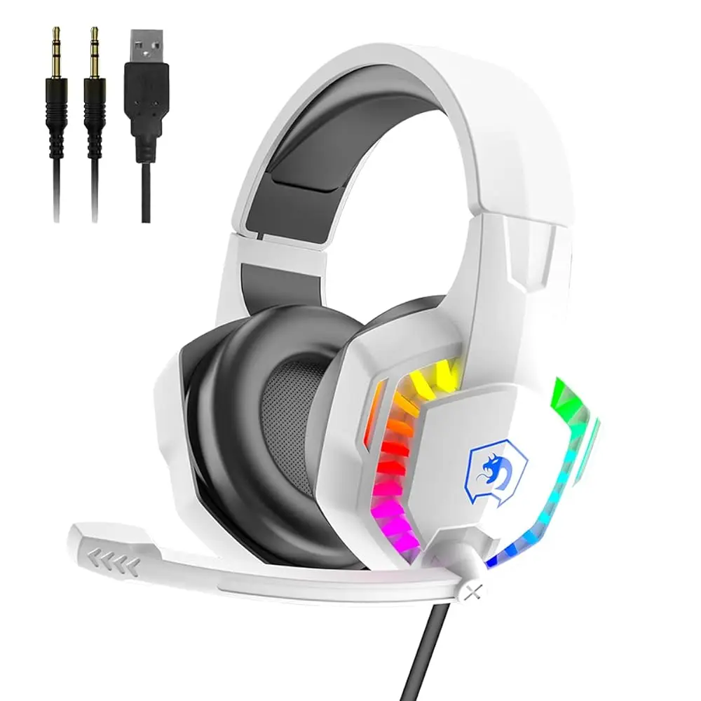 Wired Gaming Headset RGB Backlight Retractable Noise Isolating Microphone Stereo Sound Deep Bass Memory Foam Earmuff Headphone