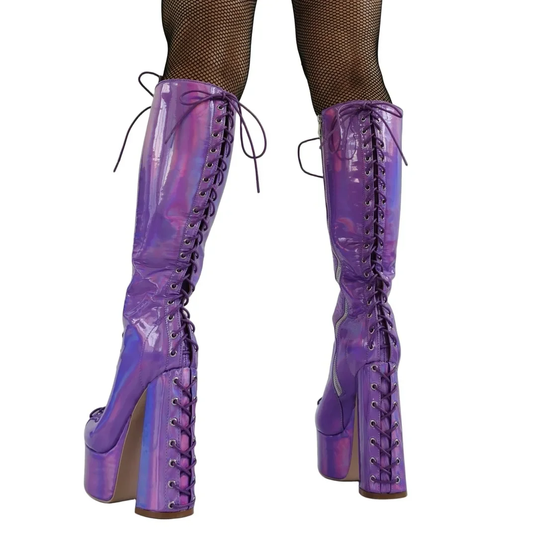 Halloween Purple Shiny Boots Round Toe Lace Up Women Long Boots Charming Galoshes Party Zipper Botas Mujer High Heels Boots