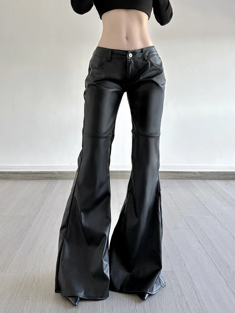 Solid Black Pants Women Y2k Clothes Low Waist Roupas Femininas PU Pantalones De Mujer Pockets Trousers Korean Style Streetwear