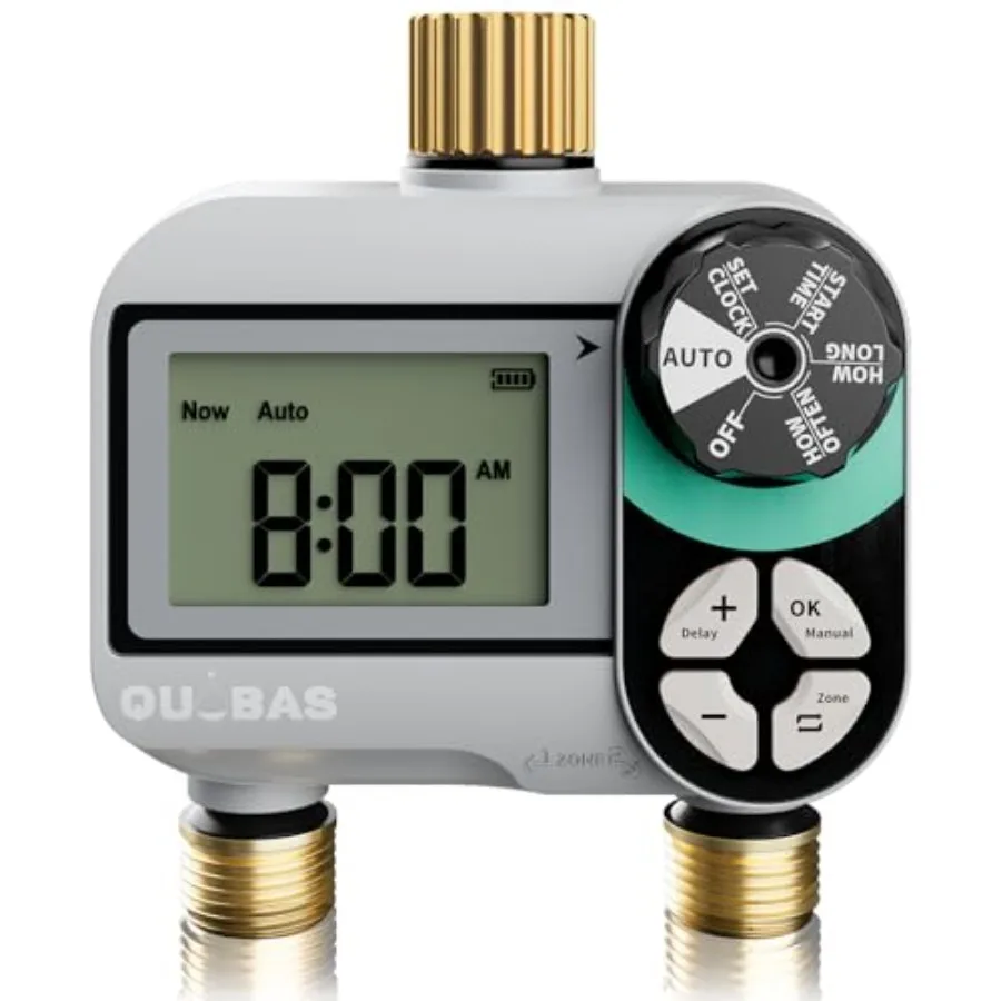

Таймер полива на 2 зоны с латунными входами/выходами, программируемый, для садового шланга, хромированный, с функцией отсрочки полива при дожде, ручное управление