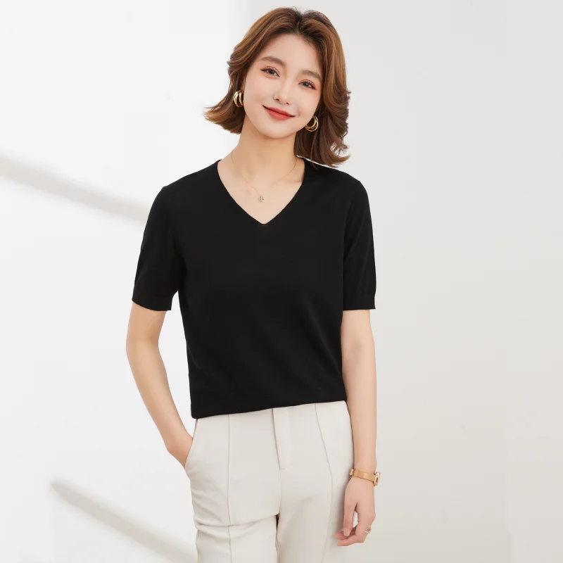 WinvyNee Women 100% Wool Sweater Short Sleeve V neck Summer Sweaters Solid Knitwear Pullover Basic Female Tops Autumn A1013003