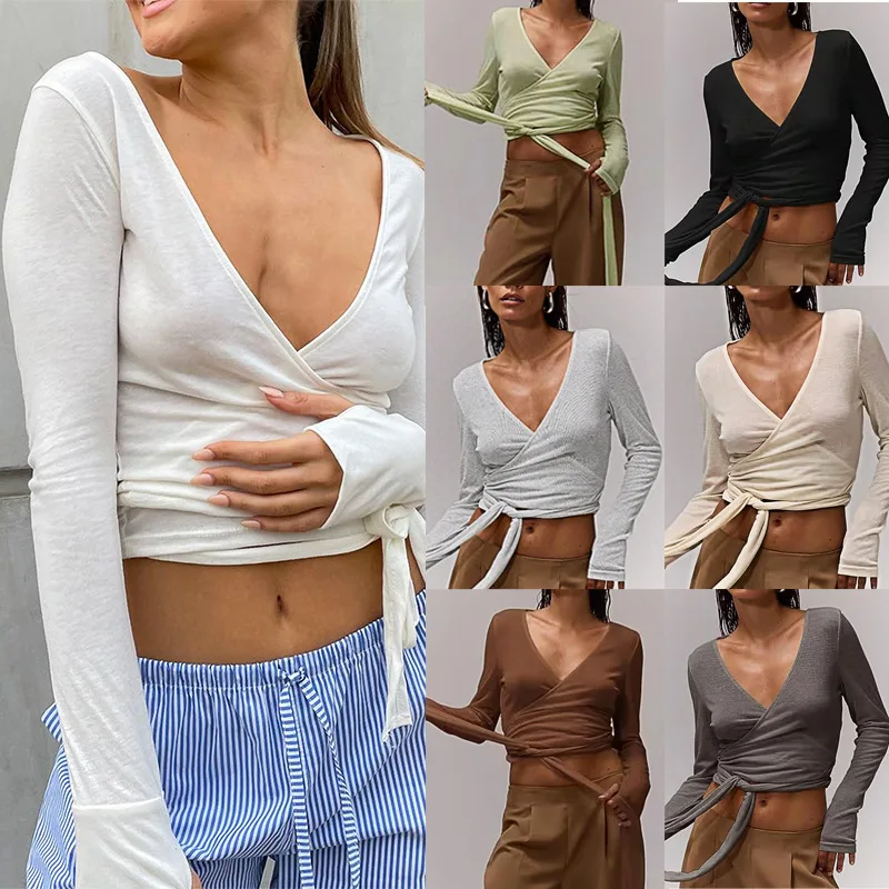 เสื้อยืดผู้หญิงทรงเข้ารูป คอวี ผูกเชือก แขนยาว สีพื้น ผ้าโพลีเอสเตอร์ รุ่นสปริง 2025 เหมาะสำหรับใส่ไปทำงาน