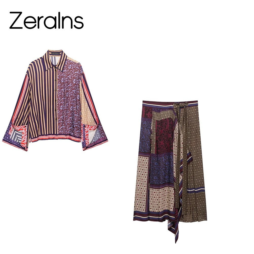 ZERAINS New women's clothing European and American style patchwork printed shirt casual printed yarn cage skirt set
