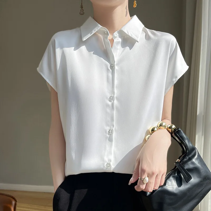 Summer Women's Luxury Blouse Satin Silk Tee Short Sleeve Shirts Acetate Button Up T-shirts Thin Office Lady Tops Women Clothing