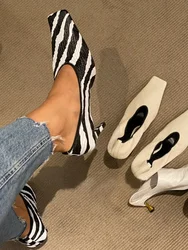 Wrinkled soft leather zebra print square toe high heels, slim heels, shallow mouth retro black versatile anti slip witch shoes