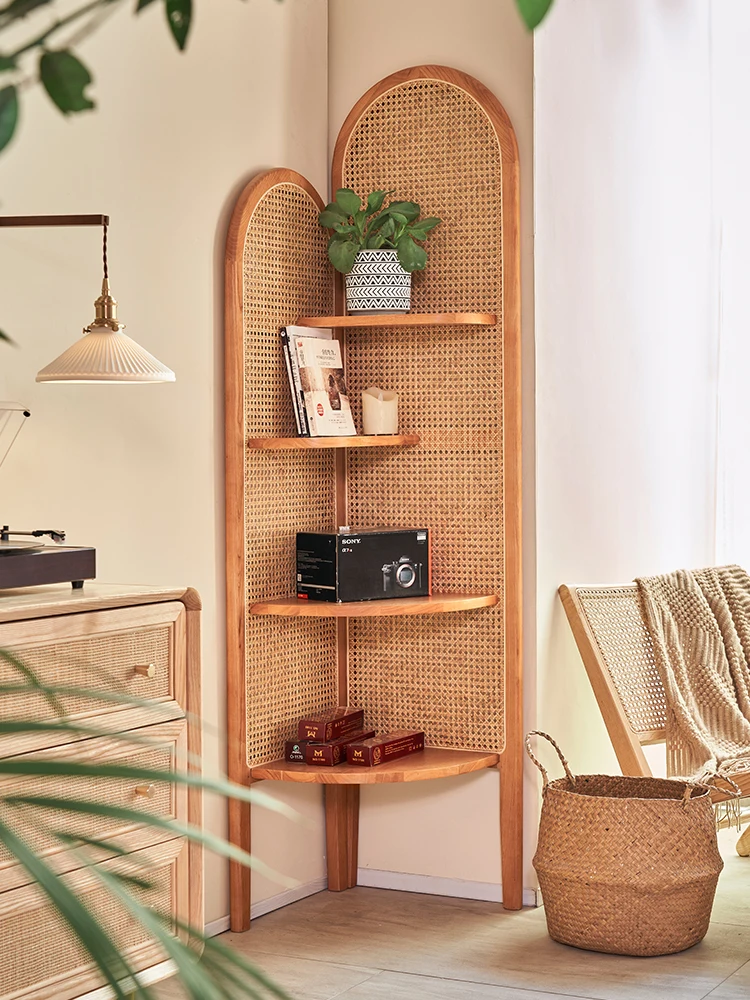 Vine woven solid wood storage rack, Japanese style corner rack, Japanese style decorative cabinet, small unit simple wall storag