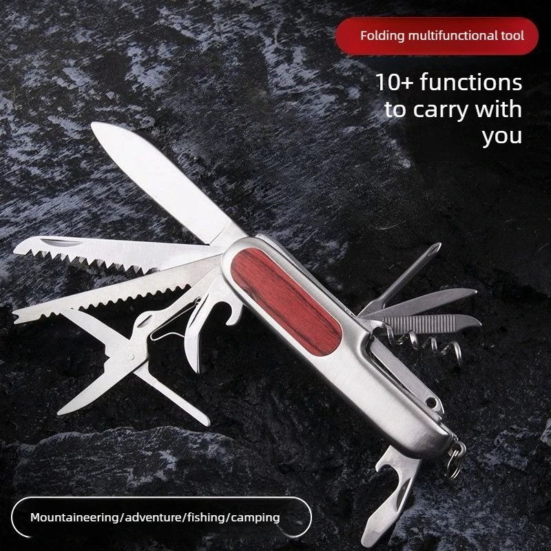 10 in 1 Multifunctional Swiss Folding Knife Stainless Steel Portable Outdoor Camping Survival Tool with Pliers, Bottle Opener