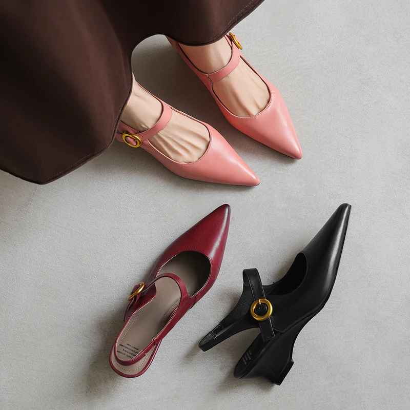 2026 new summer women sandals natural leather 22-25cm cowhide+pigskin pointed toe back-buckle thick heel women shoes fashion