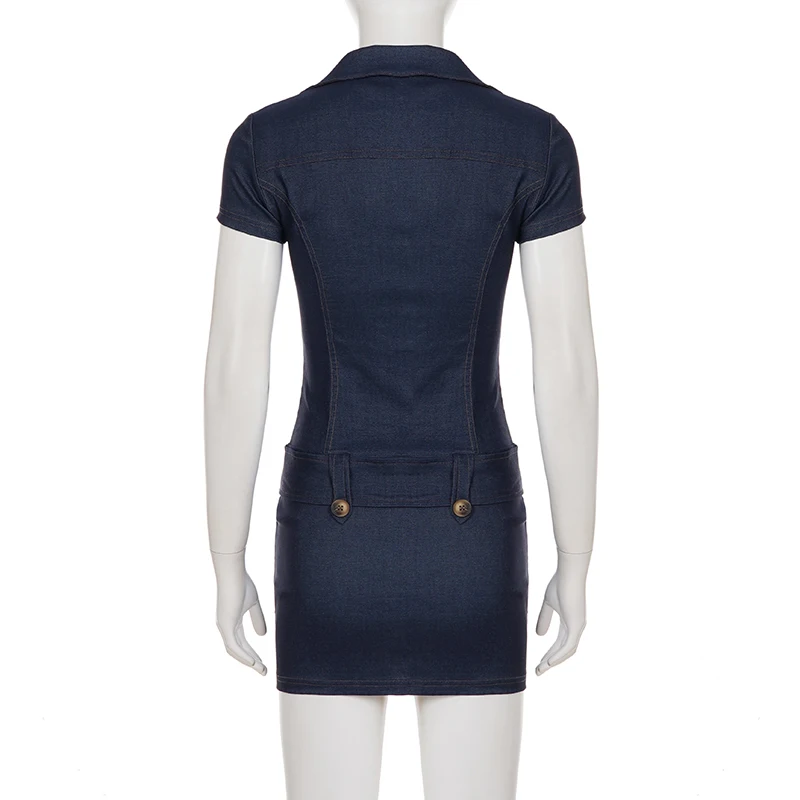 IAMSURE-Street Fashion Dark Blue Single Breasted Knitted Dress Slimming Short Sleeves With Belt Decorated Dresses 2026 Trend New - view 6