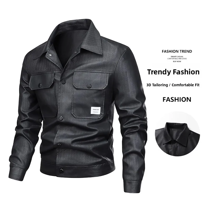 

Новая мужская приталенная повседневная кожаная куртка 2025 года, модная корейская модель с воротником-стойкой, верхняя одежда для весеннего сезона, длинный рукав, деловой стиль...