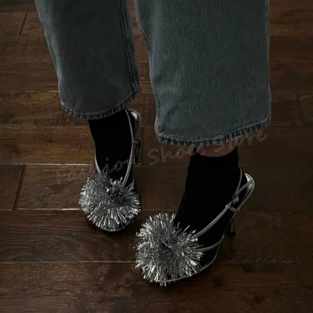 

Silver Hairball Ankle Buckle Sandals Stilettos High Heels High Heel Shoes for Women Fashion Heels 2025 New Zapatos Para Mujere