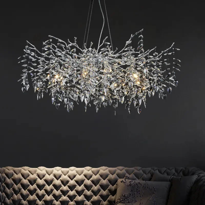 

Designer Crystal Chrome Chandelier Silver Gold Hanging Light Luxury Villa Living Dining Room Lamp Tree Branch Chandeliers LED