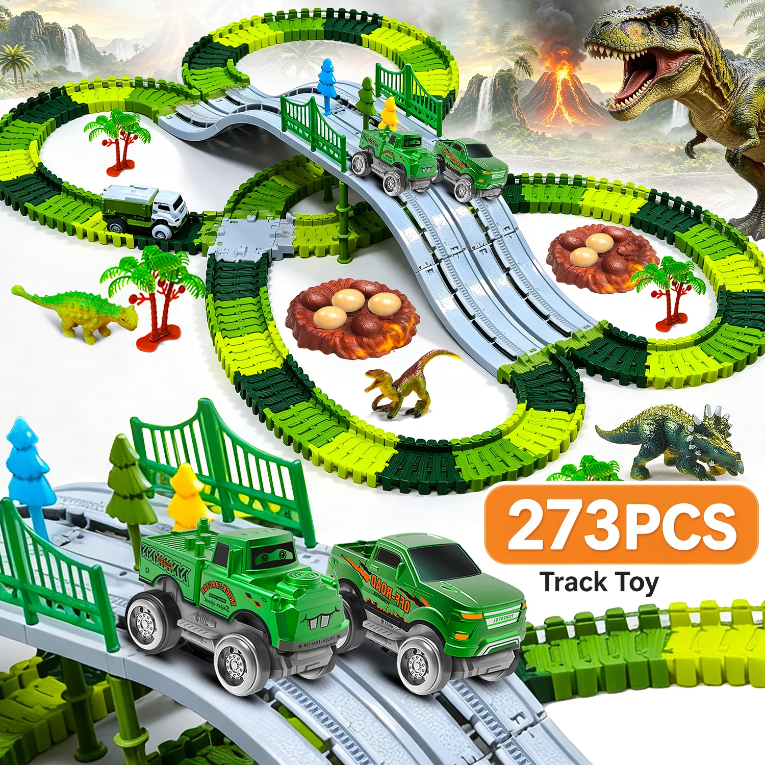 Electric Dinosaur Race Track Toy,273/148PCS Flexible Track with 2 Racing Cars, Educational Rail Car Birthday Gift for Boys