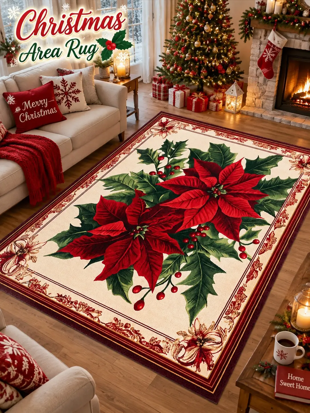Christmas Rug Poinsettias Holly Berries Living Room Bedroom Dining Area Entryway Floor Carpet Gift for Couples Family Neighbors Winter Thanksgiving Birthday Anniversary Housewarming Apartment Cabin Farmhouse Home Styling Sofa Side Reading Nook