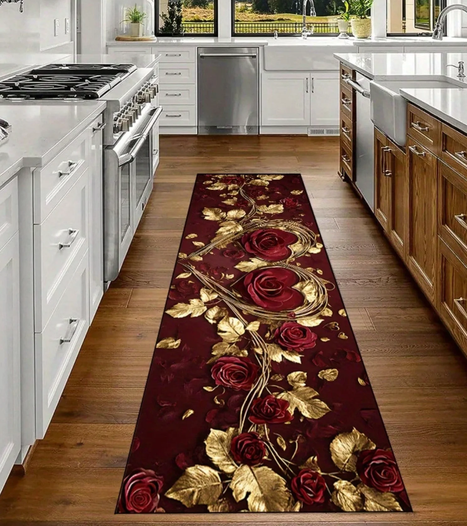 Floral Rose Pattern Long Runner Rug Red Gold Vintage Style Mat Non Slip Durable for Hallway Kitchen Living Room Home Decor