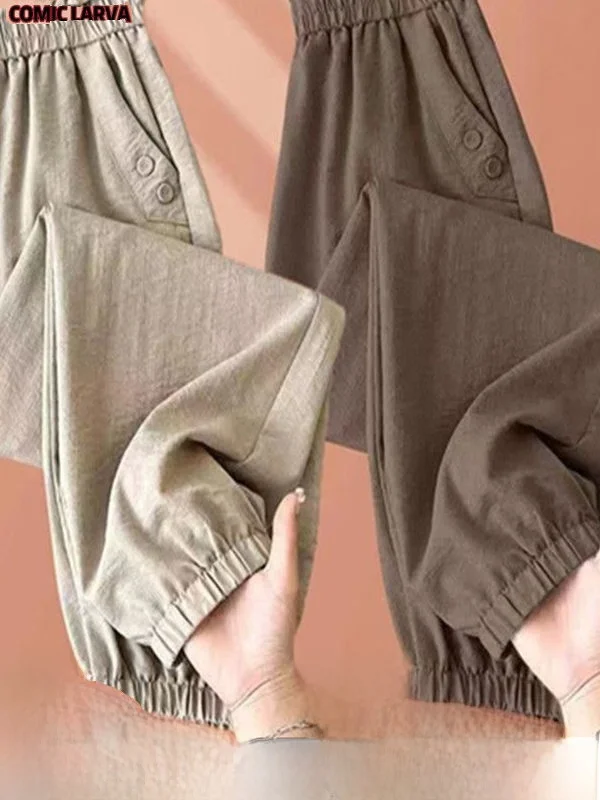Women's High Waist Lantern Pants Ice Silk Loose Fit Summer New Style Casual Loose Cuffed Pants plus Size Versatile Cover up
