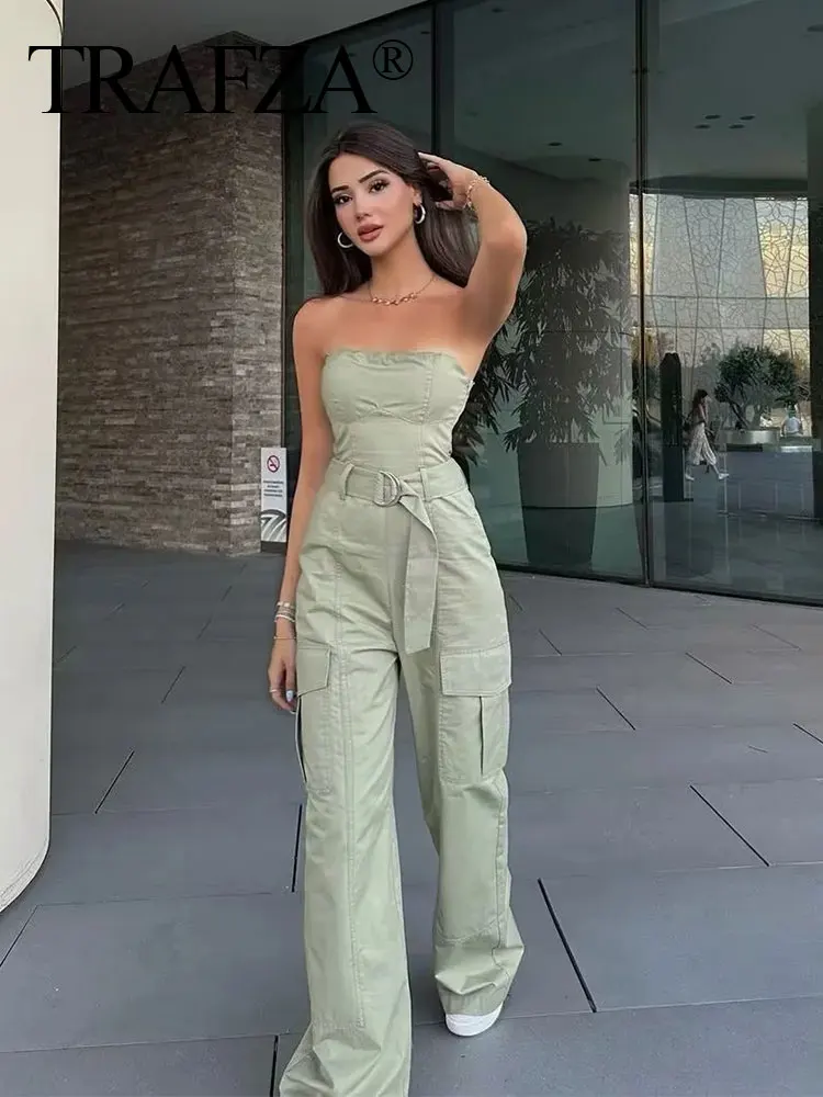 TRAFZA Rompers For Women Fashion Trend Chic High Waist Loose Jumpsuits Woman With Pleats Cool Sexy Party Female Wide Leg Pants