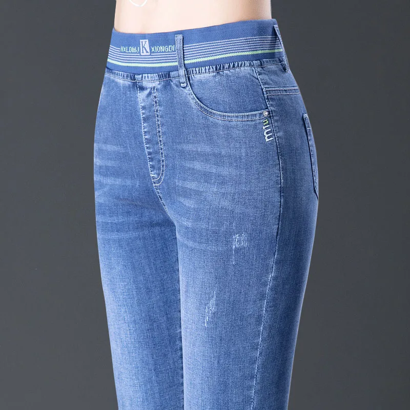 

Женские джинсы свободного кроя с эластичным поясом, тонкие, хлопковые, стрейч, с высокой талией, для женщин среднего возраста, длиной до щиколотки, весна-осень