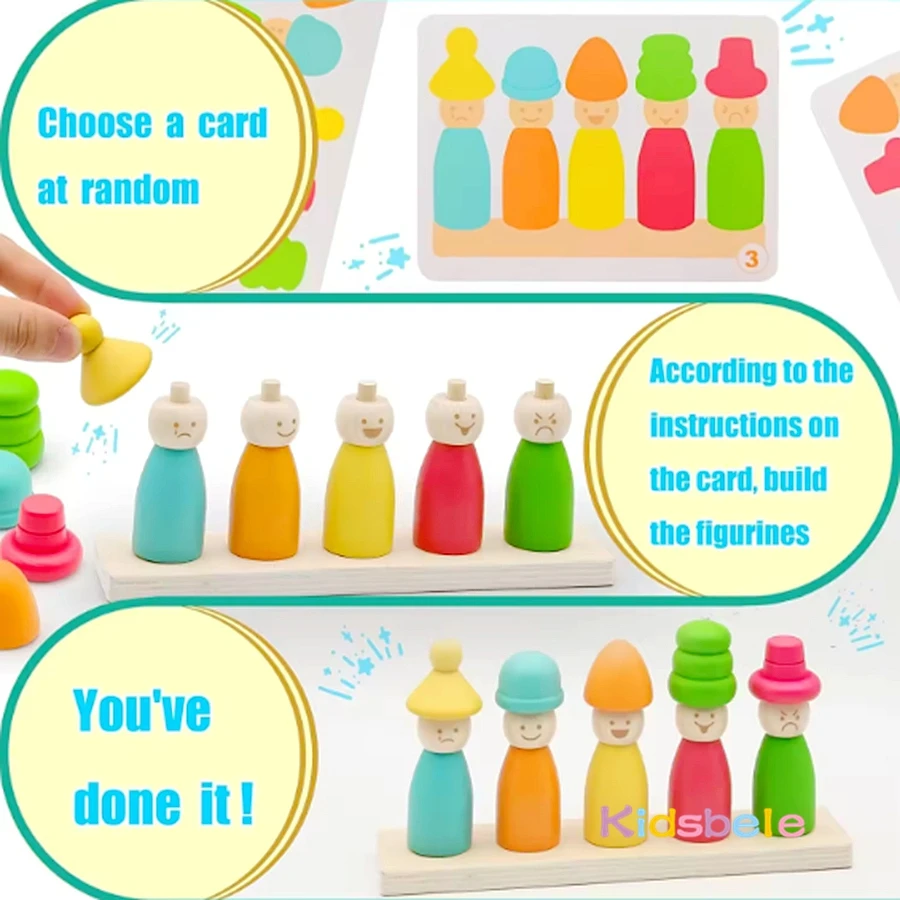 Wooden Puppet Shape Color Matching Game Montessori Learning Toy Puppet Hat Face Match Creative Stacking Desktop Toy for Toddler