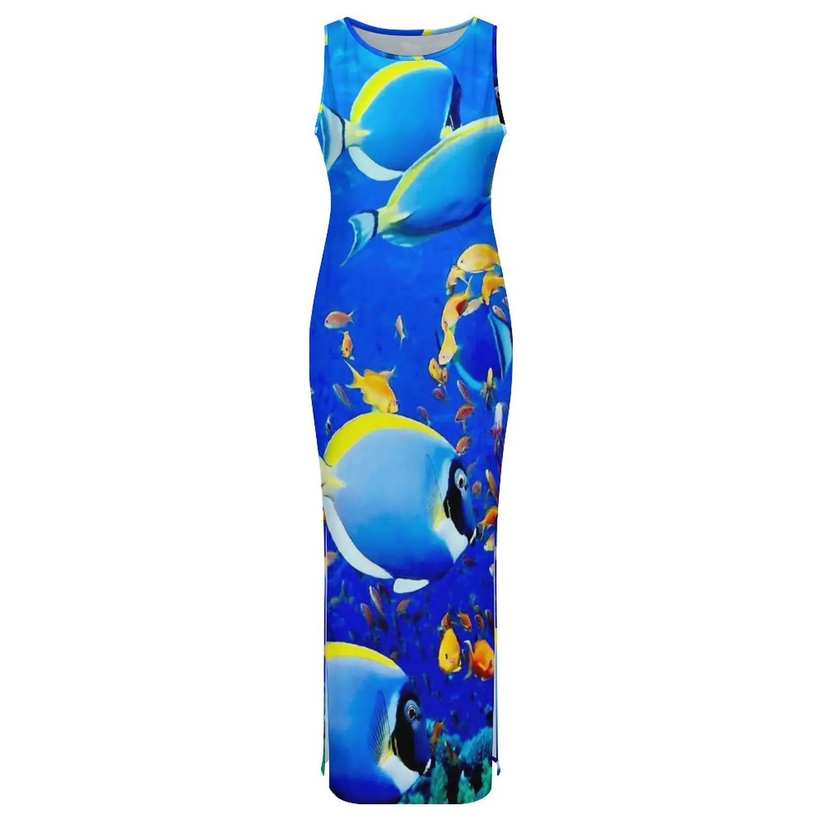 Feminino tropical marinho vestido colorido peixe impressão bodycon vestido primavera sem mangas clube sexy maxi vestidos personalizados de grandes dimensões