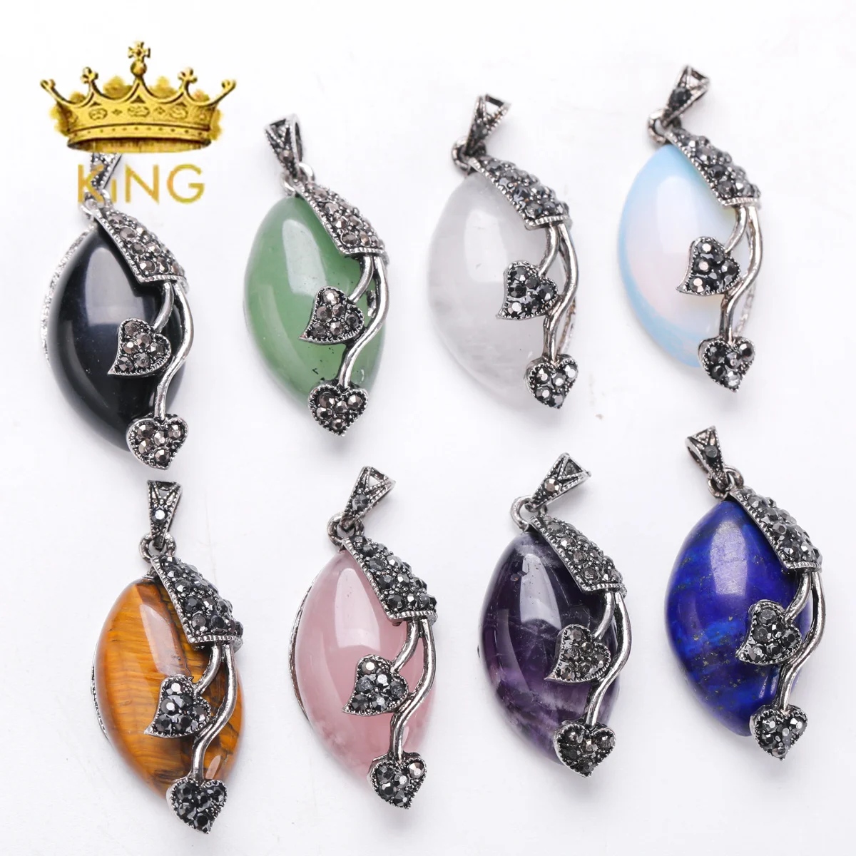Initial Small Stone Genuine Crystal Horse Eye Shape Smooth Agates Silver Edged DIY Charm Necklace Pendant of Assorted Color
