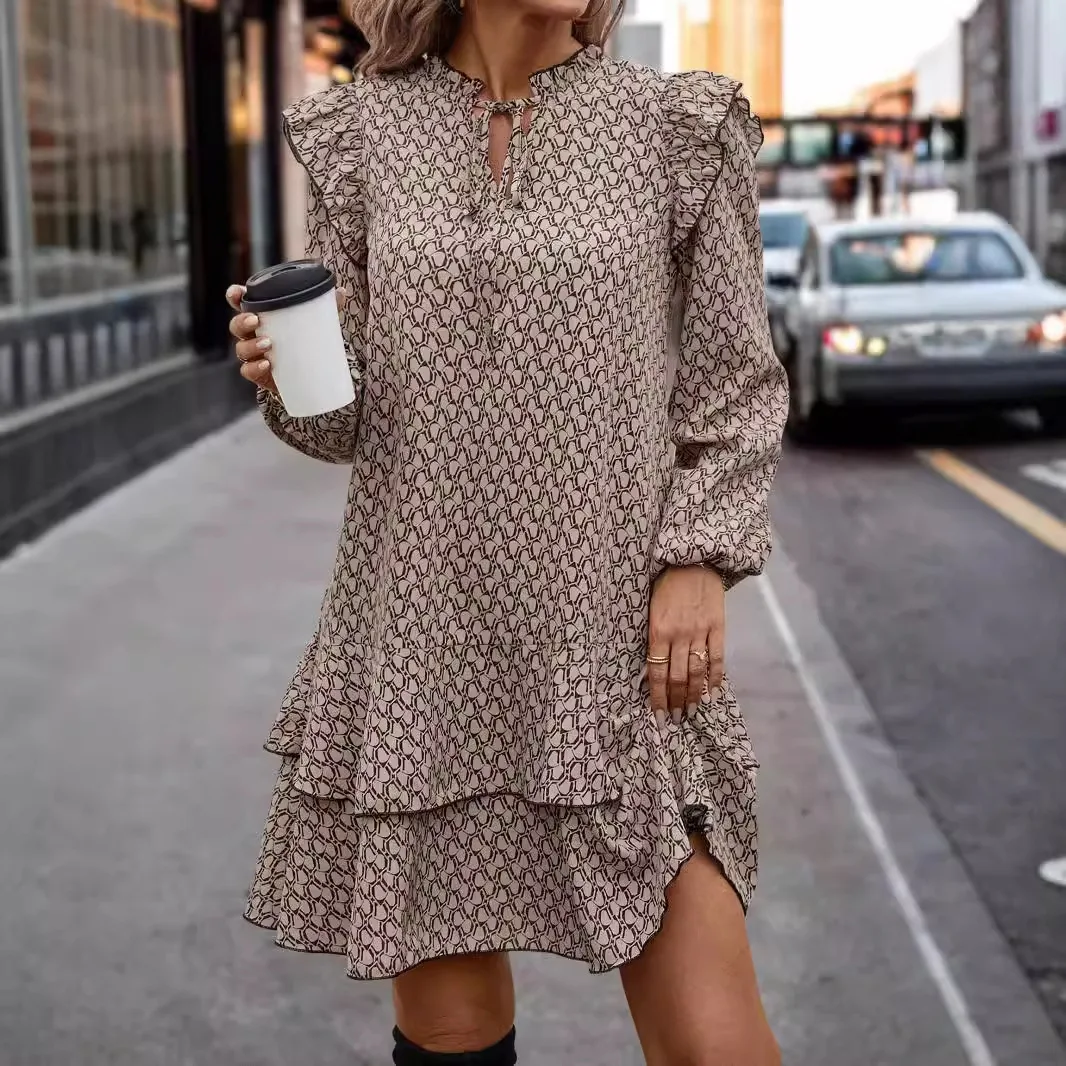 2024 Elegant Women's Casual Loose Ruffle Mini Dress Bohemian Printed V-neck Lace-up Long Flare Sleeve Dresses For Women Khaki